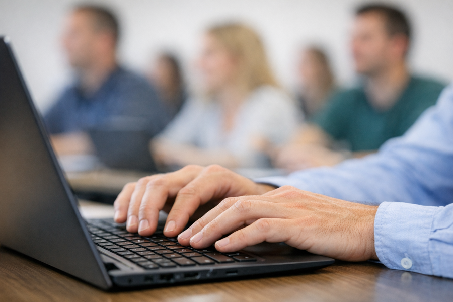 Fokus På Hender Over Tastatur Uskarpe Kursdeltake